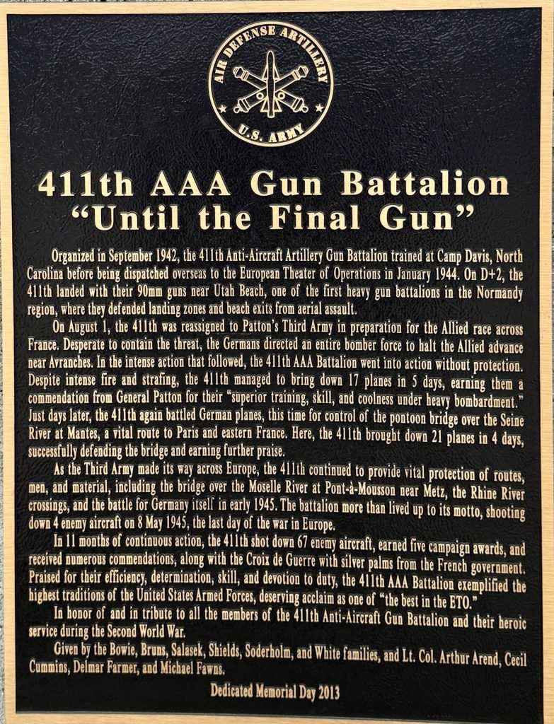 411TH GUN BATTALION WAR MEMORIAL PLAQUE
