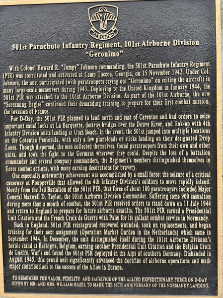 501ST PARACHUTE INFANTRY REGIMENT, 101ST AIRBORNE DIVISION WAR MEMORIAL PLAQUE