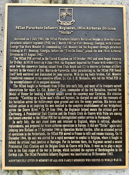 502ND PARACHUTE INFANTRY REGIMENT, 101ST AIRBORNE DIVISION WAR MEMORIAL PLAQUE