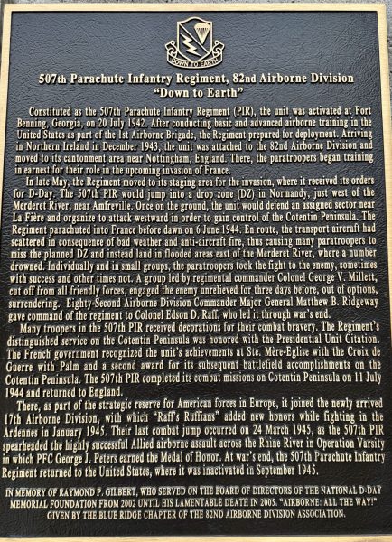 507TH PARACHUTE INFANTRY REGIMENT, 82ND AIRBORNE DIVISION WAR MEMORIAL PLAQUE