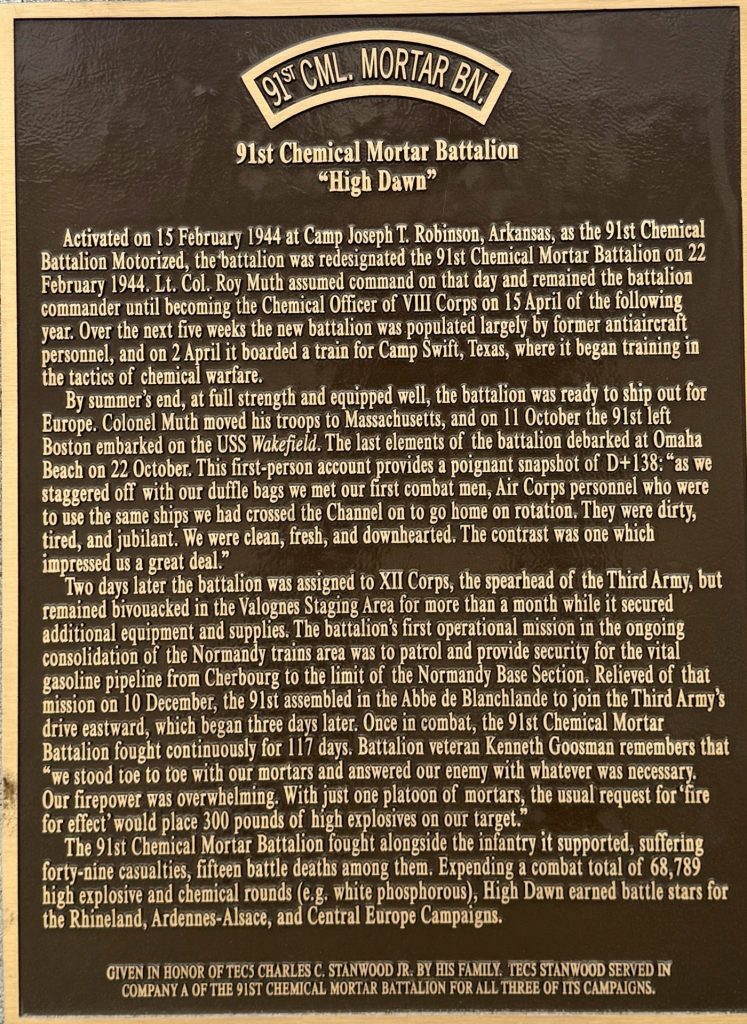 91ST CHEMICAL MORTAR BATTALION WAR MEMORIAL PLAQUE