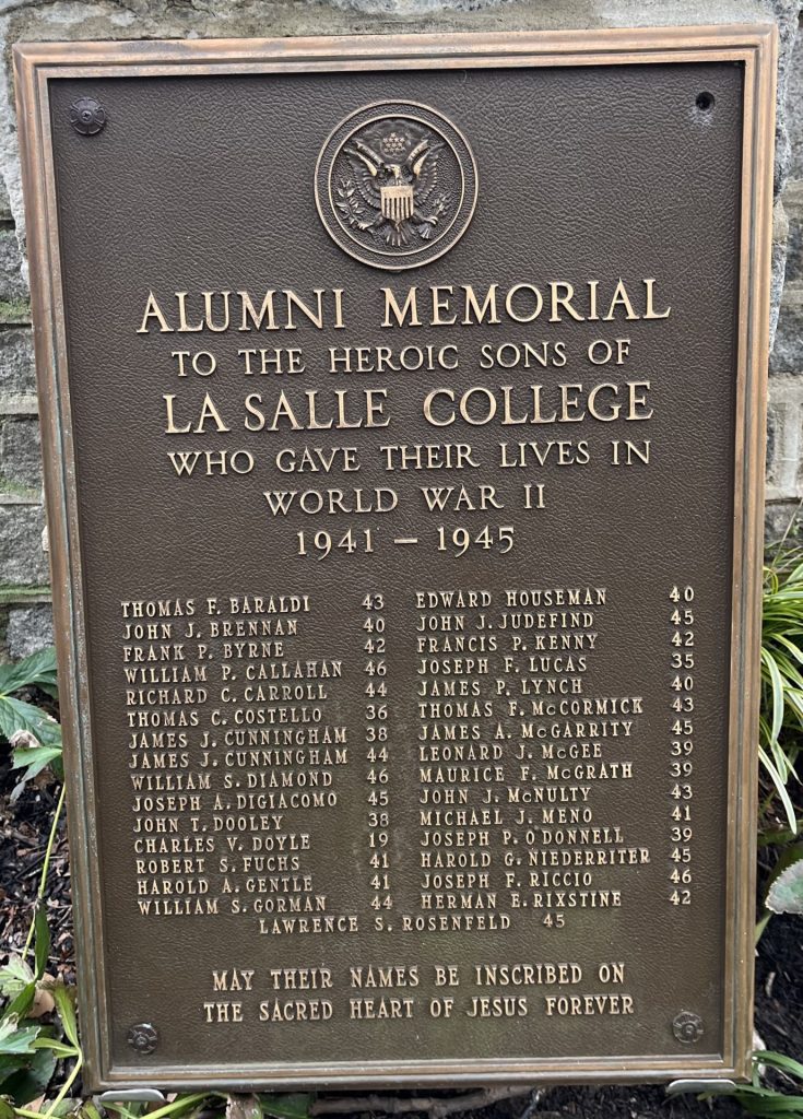 ALUMNI MEMORIAL LA SALLE COLLEGE WORLD WAR II PLAQUE