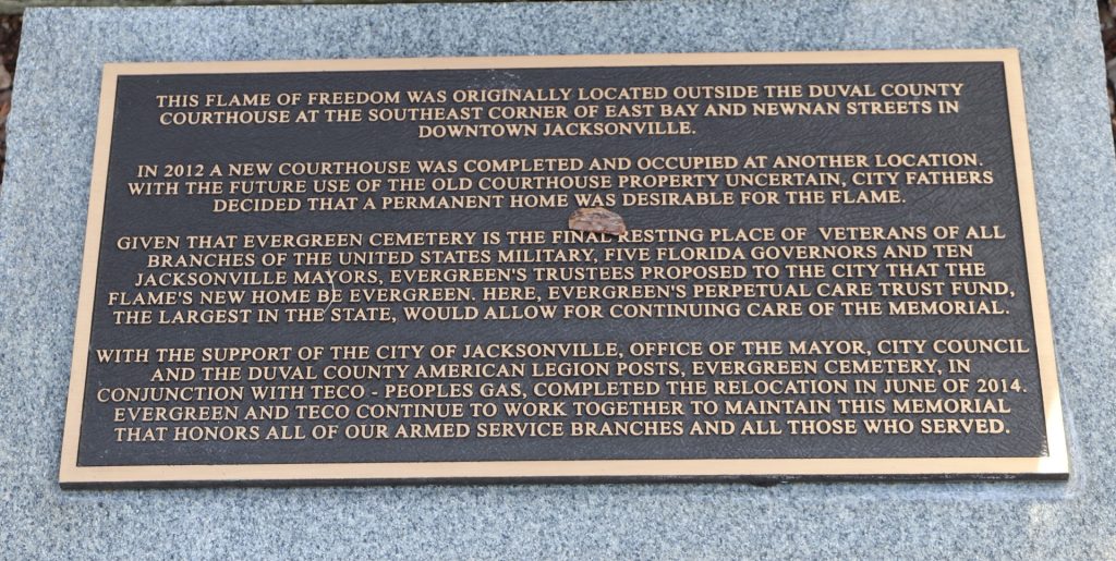 AMERICAN LEGION POST OF DUVAL COUNTY ETERANL FLAME MEMORIAL PLAQUE B