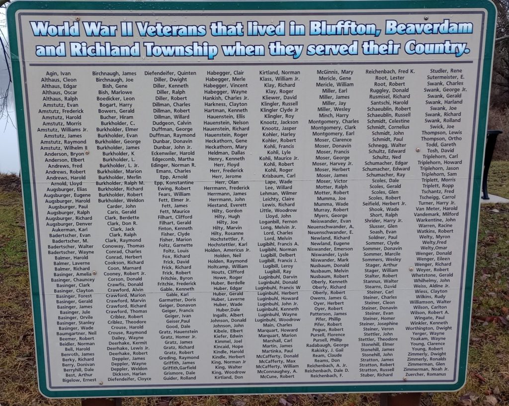 BLUFFTON, BEAVERDAM AND RICHLAND TOWNSHIP WORLD WAR II VETERANS MEMORIAL CLOSE-UP