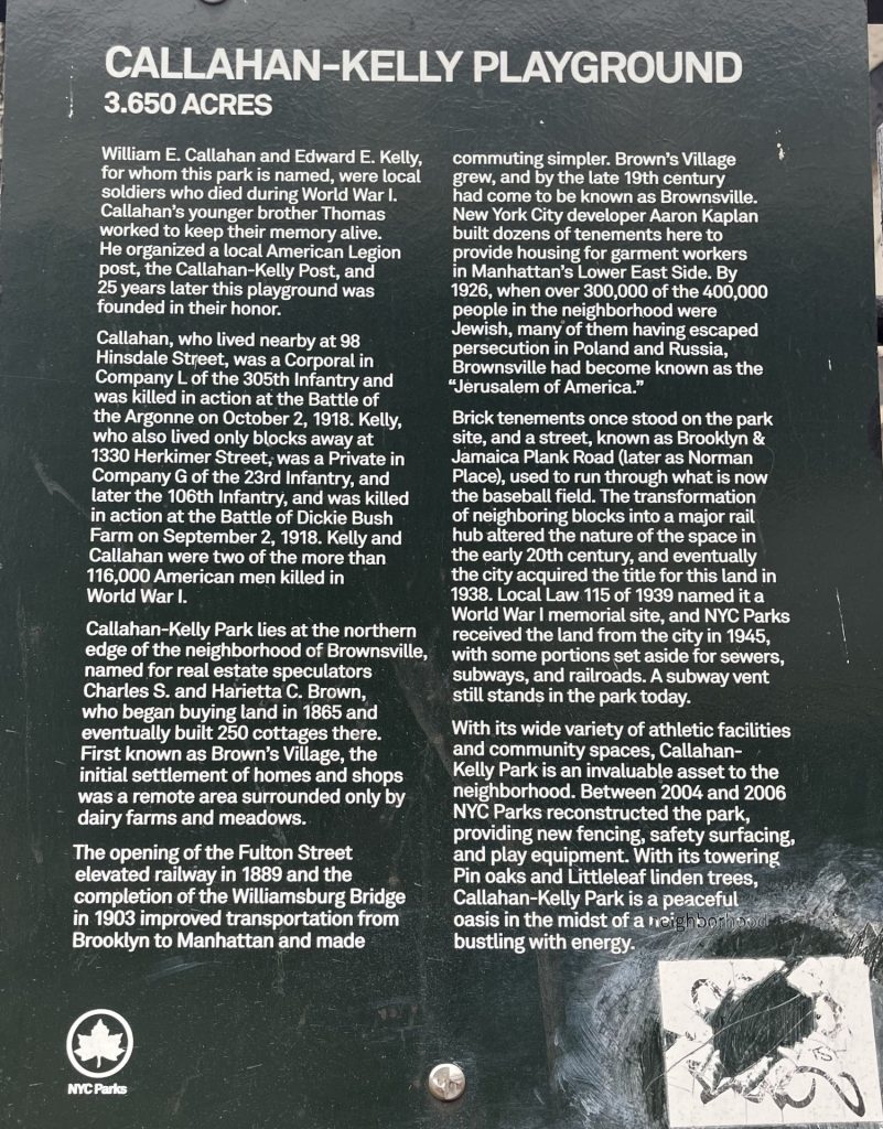 CALLAHAN-KELLY PLAYGROUND MEMORIAL PLAQUE