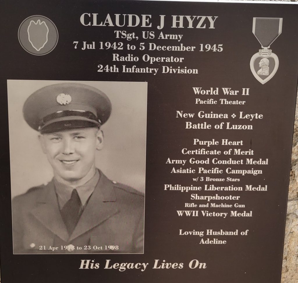 CLAUDE J HYZY WAR MEMORIAL PLAQUE
