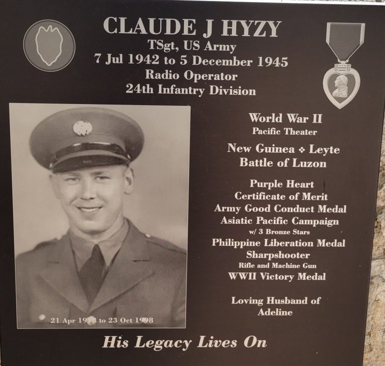 CLAUDE J HYZY WAR MEMORIAL PLAQUE