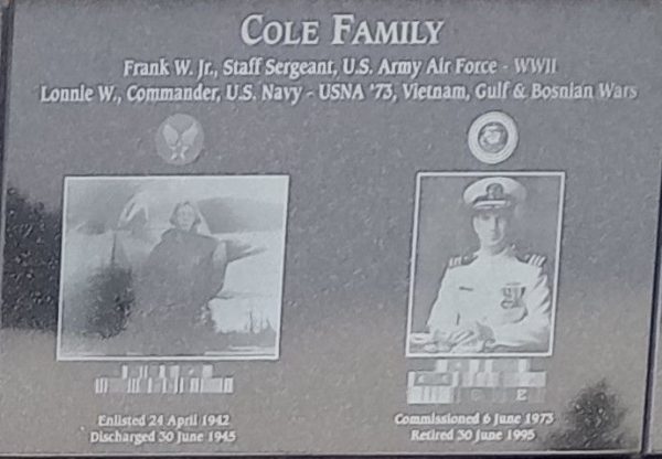 COLE FAMILY WAR MEMORIAL PLAQUE