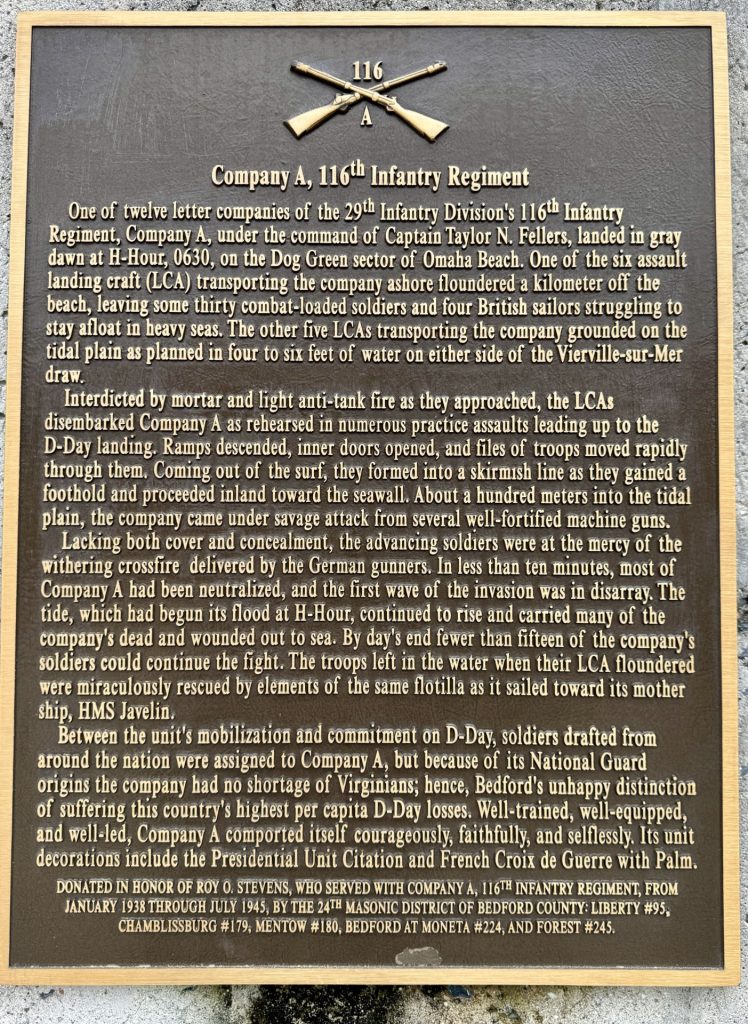 COMPANY A, 116TH INFANTRY REGIMENT WAR MEMORIAL PLAQUE