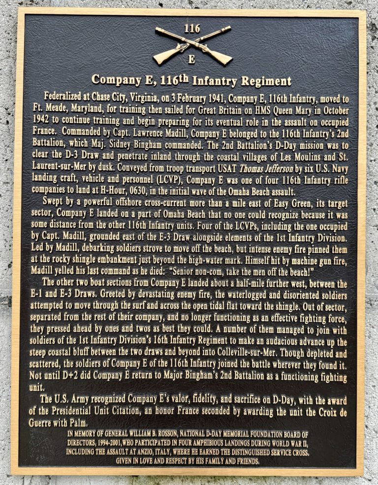 COMPANY E, 116TH INFANTRY REGIMENT WAR MEMORIAL PLAQUE