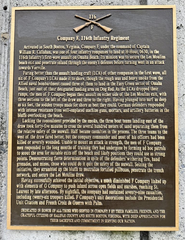 COMPANY F, 116TH INFANTRY REGIMENT WAR MEMORIAL PLAQUE