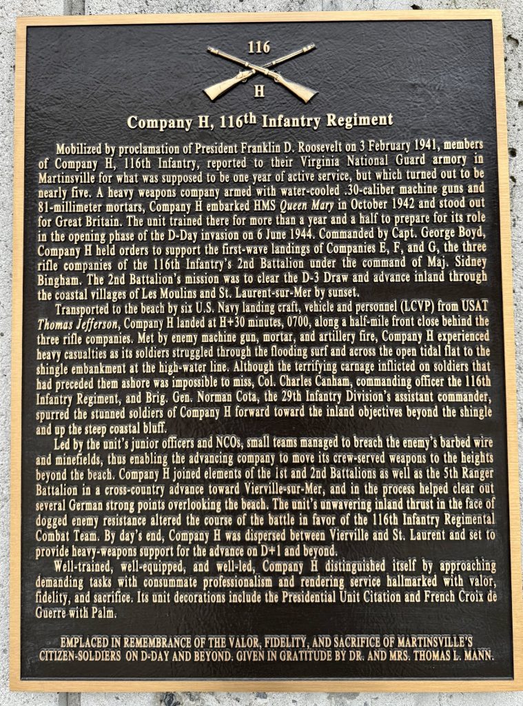 COMPANYH H, 116TH INFANTRY REGIMENT WAR MEMORIAL PLAQUE