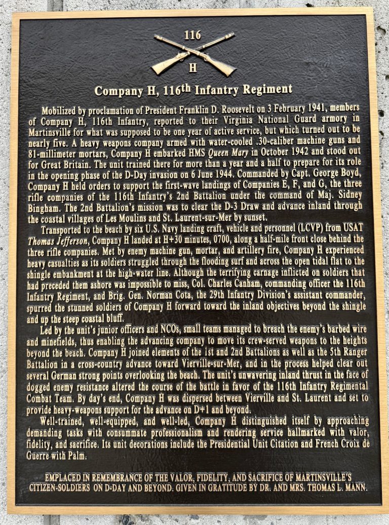 COMPANYH H, 116TH INFANTRY REGIMENT WAR MEMORIAL PLAQUE