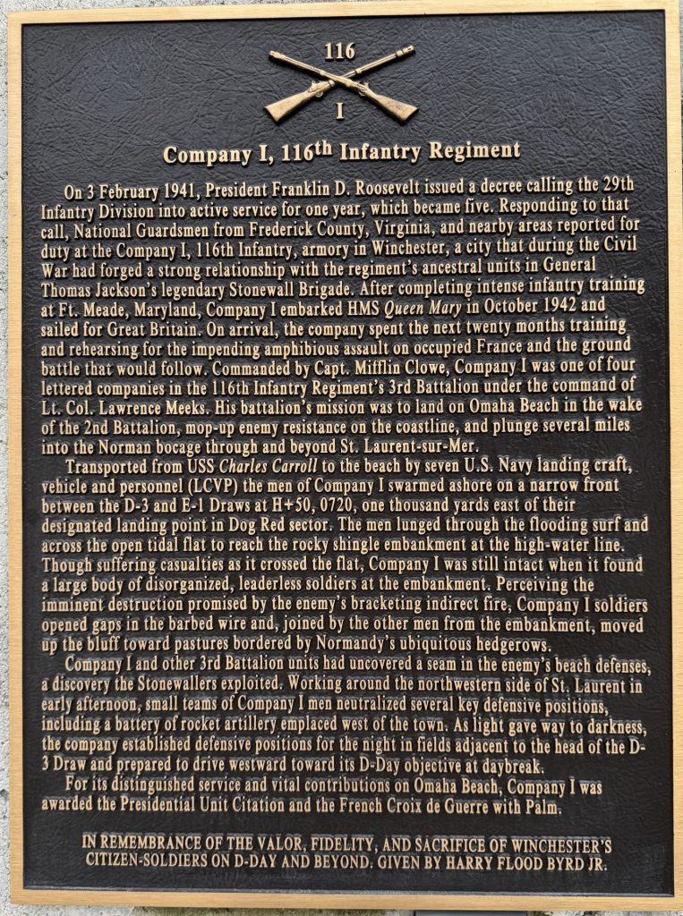 COMPANY I, 116TH INFANTRY REGIMENT WAR MEMORIAL PLAQUE