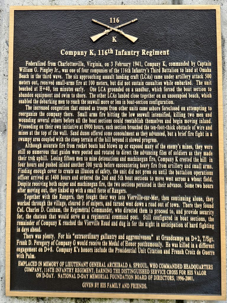 COMPANY K, 116TH INFANTRY REGIMENT WAR MEMORIAL PLAQUE