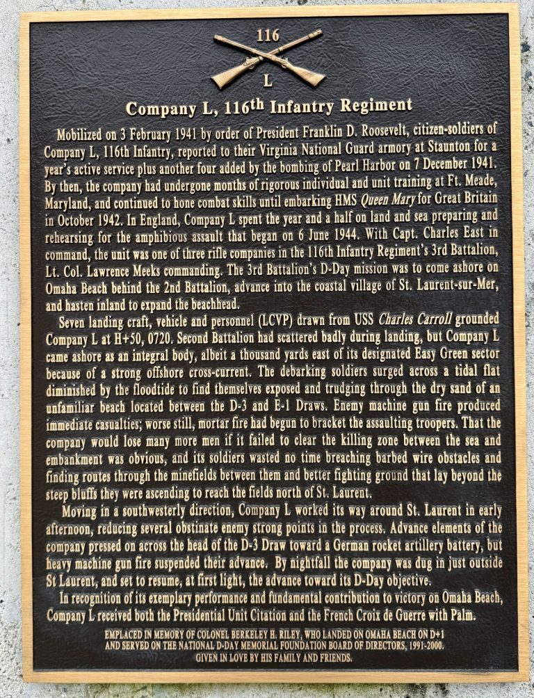 COMPANY L, 116TH INFANTRY REGIMENT WAR MEMORIAL PLAQUE