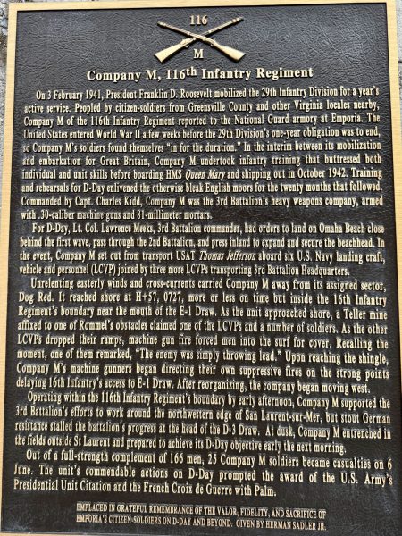 COMPANY M, 116TH INFANTRY REGIMENT D-DAY WAR MEMORIAL PLAQUE