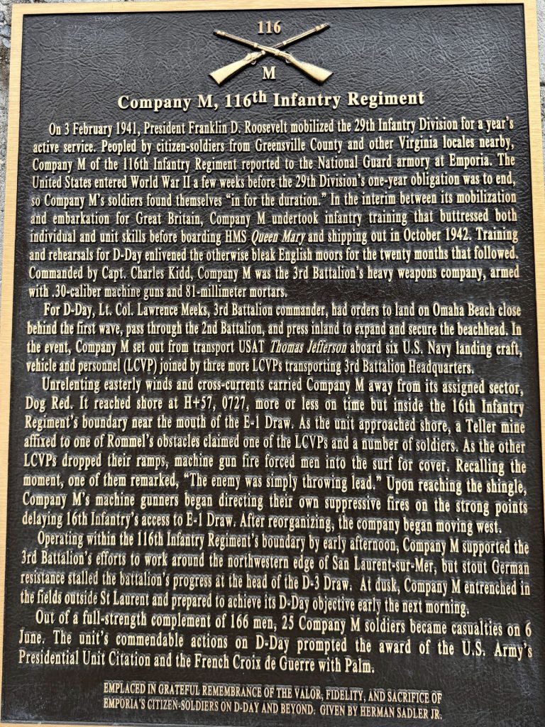 COMPANY M, 116TH INFANTRY REGIMENT D-DAY WAR MEMORIAL PLAQUE