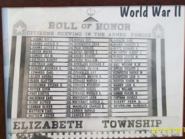 ELIZABETH TOWNSHIP WORLD WAR II ROLL OF HONOR MEMORIAL PLAQUE