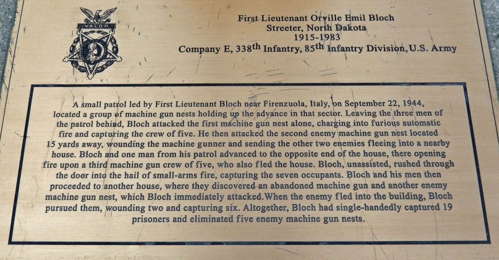 FIRST LIEUTENANT ORVILLE EMIL BLOCH MEDAL OF HONOR MEMORIAL PLAQUE