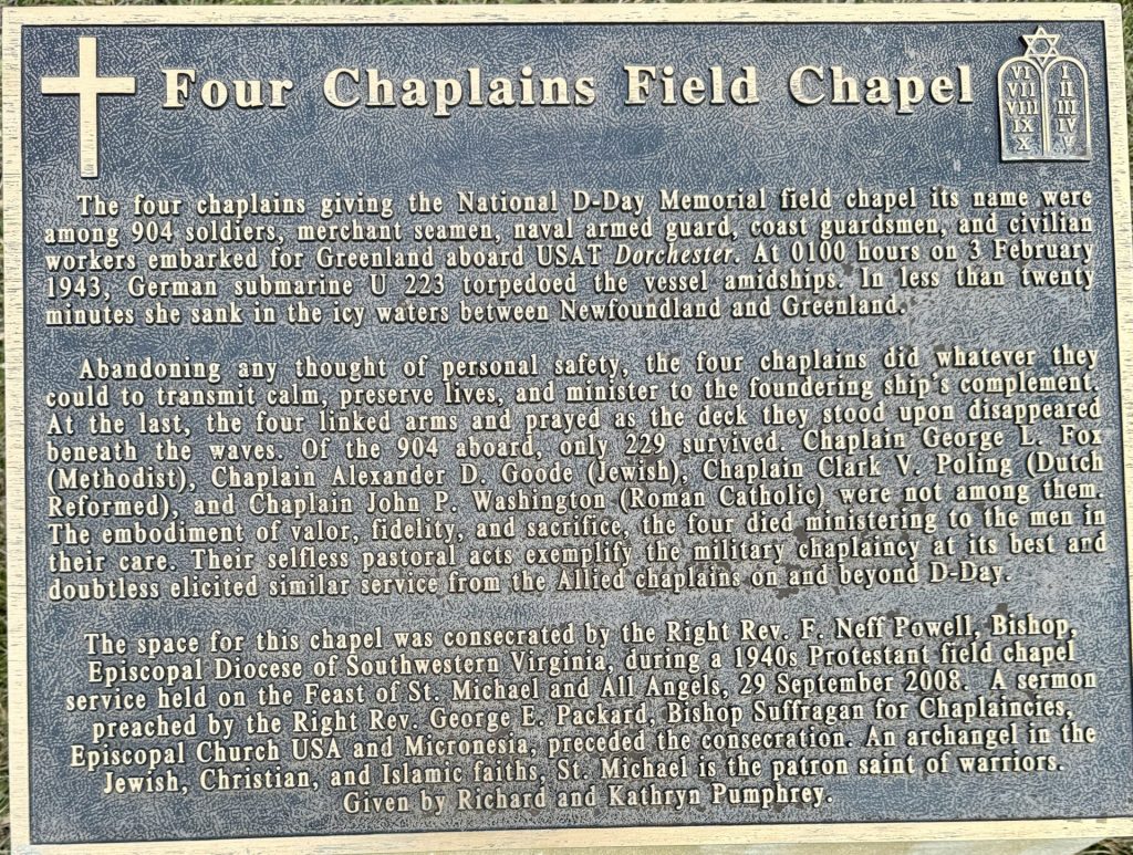 FOUR CHAPLAINS FIELD CHAPEL WAR MEMORIAL PLAQUE