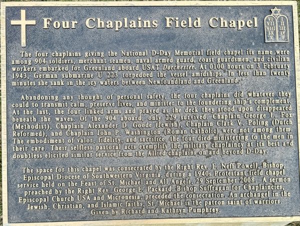 FOUR CHAPLAINS FIELD CHAPEL WAR MEMORIAL PLAQUE