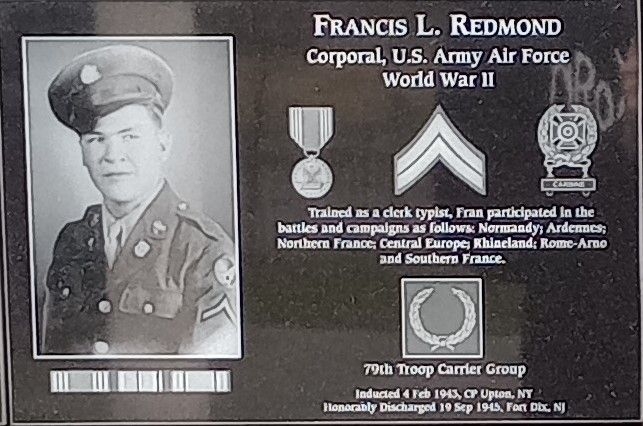 FRANCIS L. REDMOND WAR MEMORIAL PLAQUE