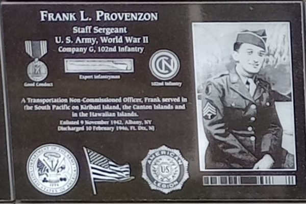 FRANK L. PROVENZON WAR MEMORIAL PLAQUE