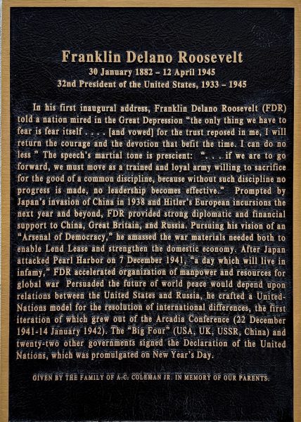 FRANKLIN DELANO ROOSEVELT WAR MEMORIAL PLAQUE