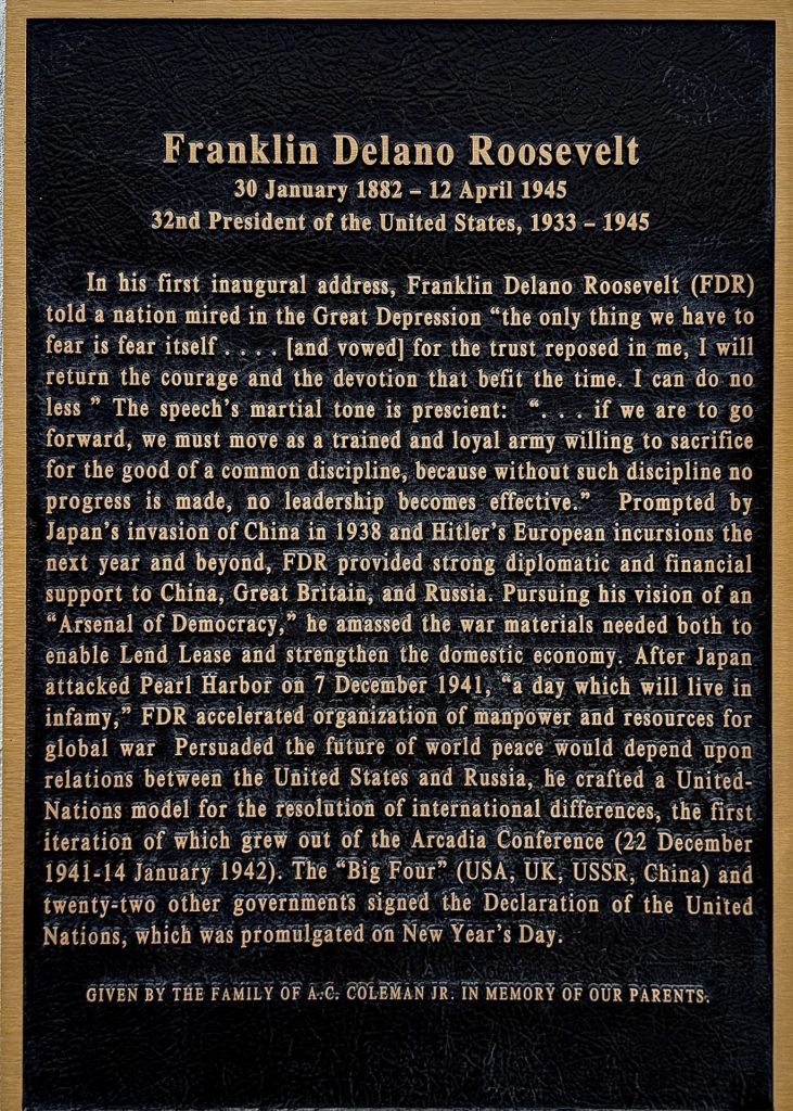 FRANKLIN DELANO ROOSEVELT WAR MEMORIAL PLAQUE
