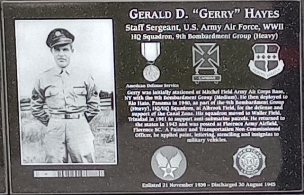 GERALD D. “GRERRY” HAYES WAR MEMORIAL PLAQUE