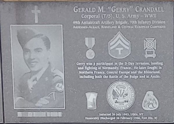 GERALD M. “GERRY” CRANDALL WAR MEMORIAL PLAQUE