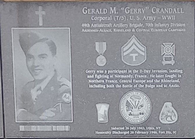 GERALD M. “GERRY” CRANDALL WAR MEMORIAL PLAQUE