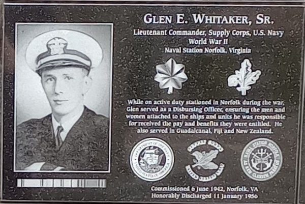 GLEN E. WHITAKER, SR. WAR MEMORIAL PLAQUE