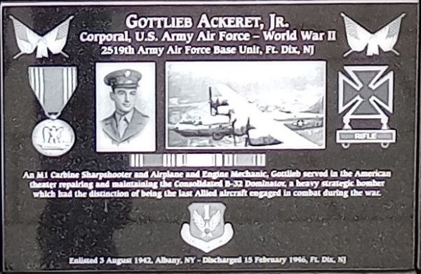 GOTTLIEB ACKERET, JR. WAR MEMORIAL PLAQUE