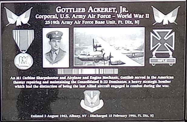GOTTLIEB ACKERET, JR. WAR MEMORIAL PLAQUE