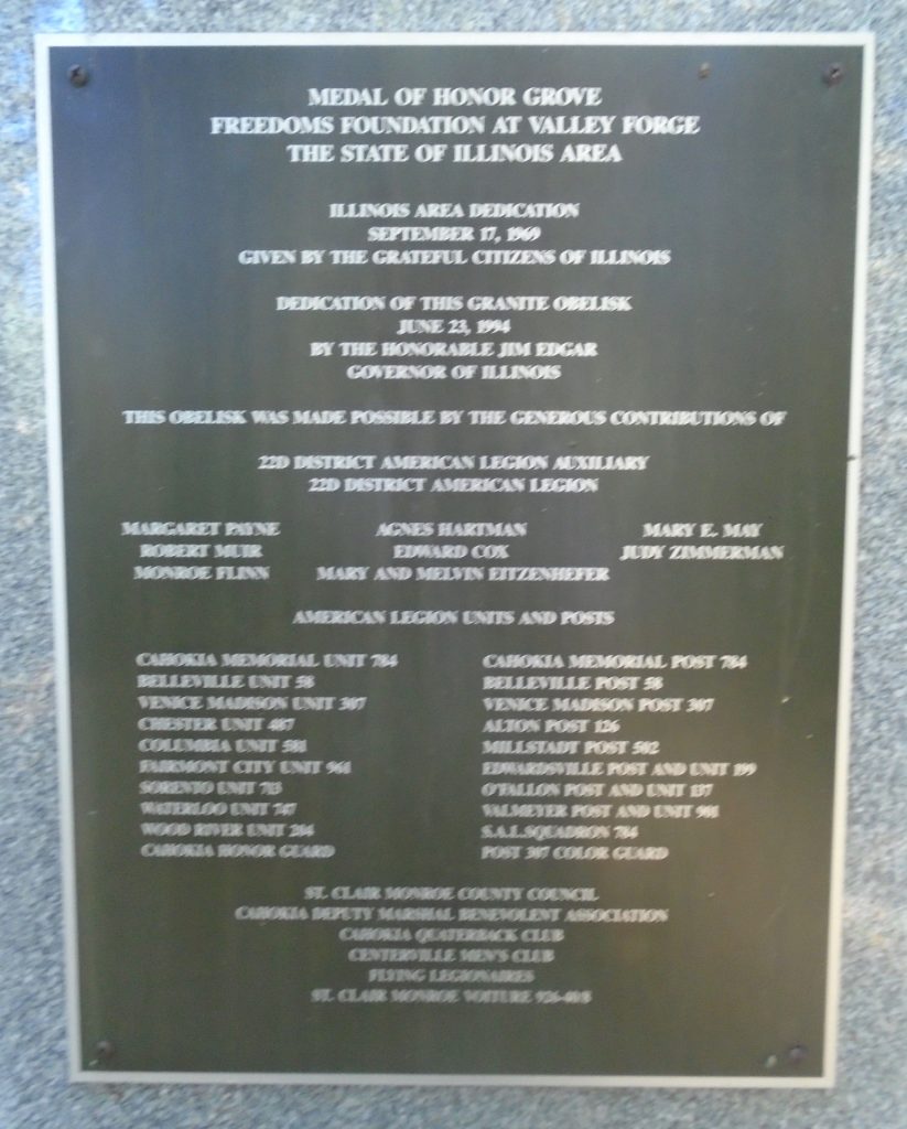 ILLINOIS MEDAL OF HONOR WAR MEMORIAL GROVE PLAQUE