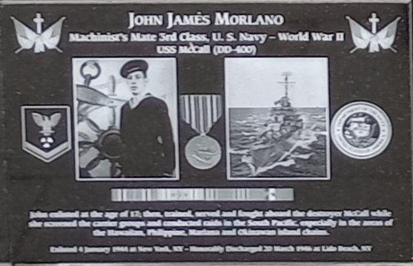 JOHN JAMES MORLANO WAR MEMORIAL PLAQUE