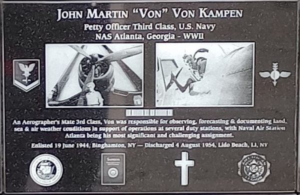 JOHN MARTIN “VON” VON KEMPEN WAR MEMORIAL PLAQUE