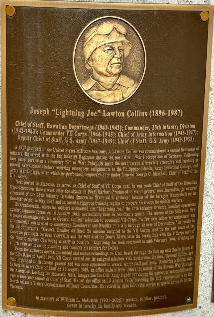 JOSEPH “LIGHTNING JOE” LAWTON COLLINS WAR MEMORIAL PLAQUE