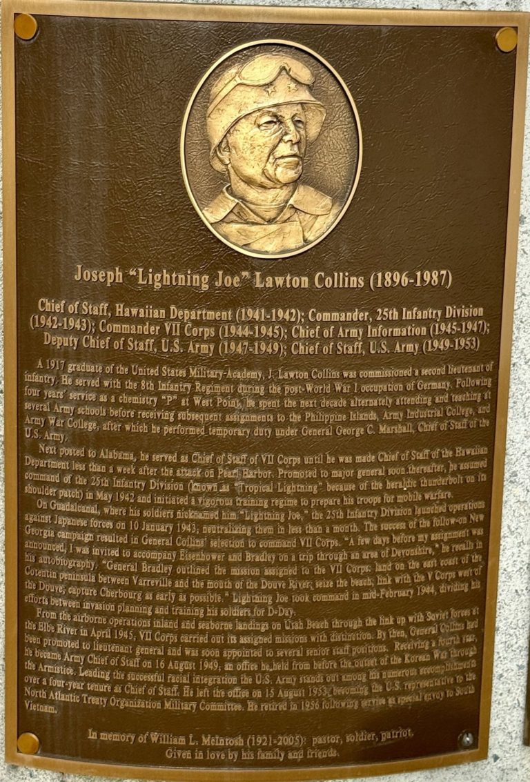 JOSEPH “LIGHTNING JOE” LAWTON COLLINS WAR MEMORIAL PLAQUE