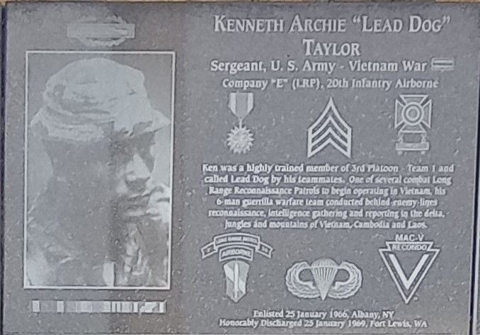 KENNETH ARCHIE “LEAD DOG” TAYLOR WAR MEMORIAL PLAQUE