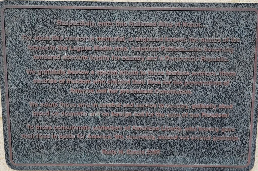 LAGUNA MADRE AREA VETERANS’ PARK WALLS OF HONOR PLAQUE A