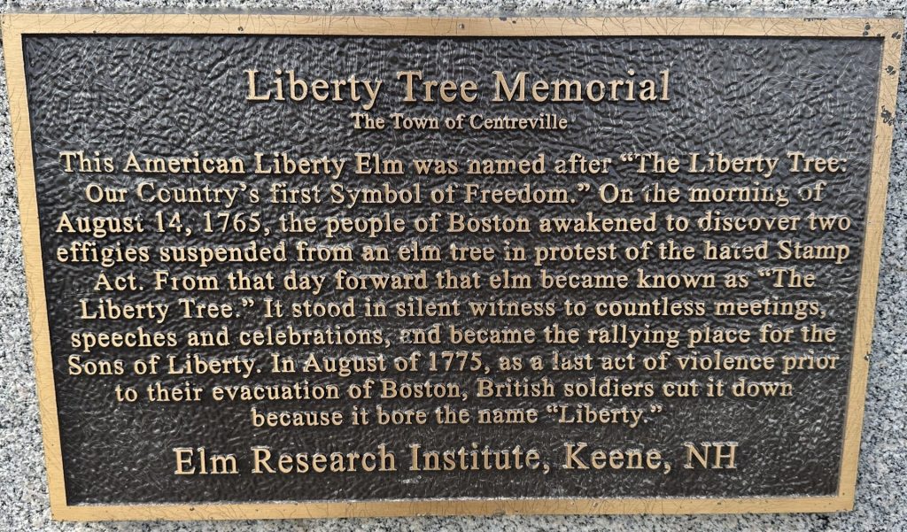 LIBERTY TREE MEMORIAL TOWN OF CENTREVILLE PLAQUE