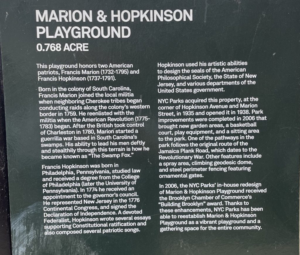 MARION & HOPKINSON PLAYGROUND MEMORIAL PLAQUE