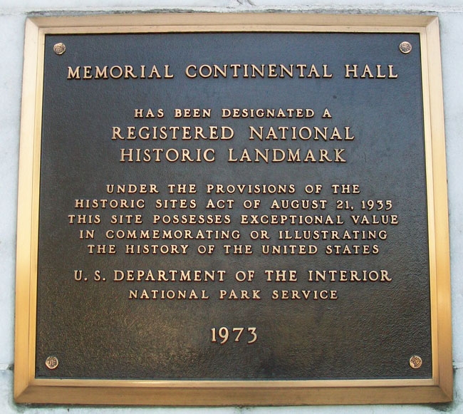 MEMORIAL CONTINENTAL HALL PLAQUE