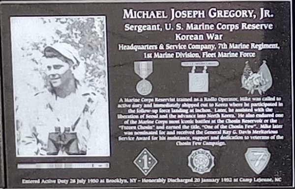 MICHAEAL JOSEPH GREGORY, JR. WAR MEMORIAL PLAQUE