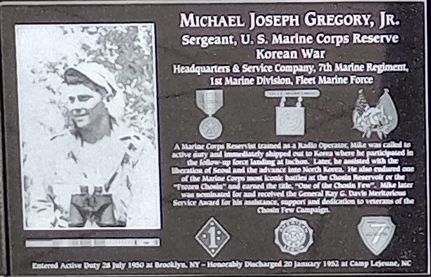 MICHAEAL JOSEPH GREGORY, JR. WAR MEMORIAL PLAQUE