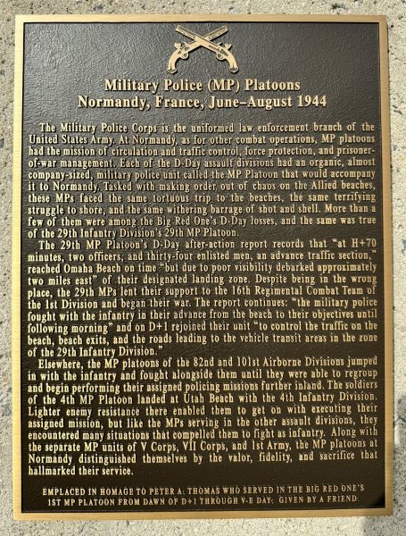MILITARY POLICE (MP) PLATOONS WAR MEMORIAL PLAQUE