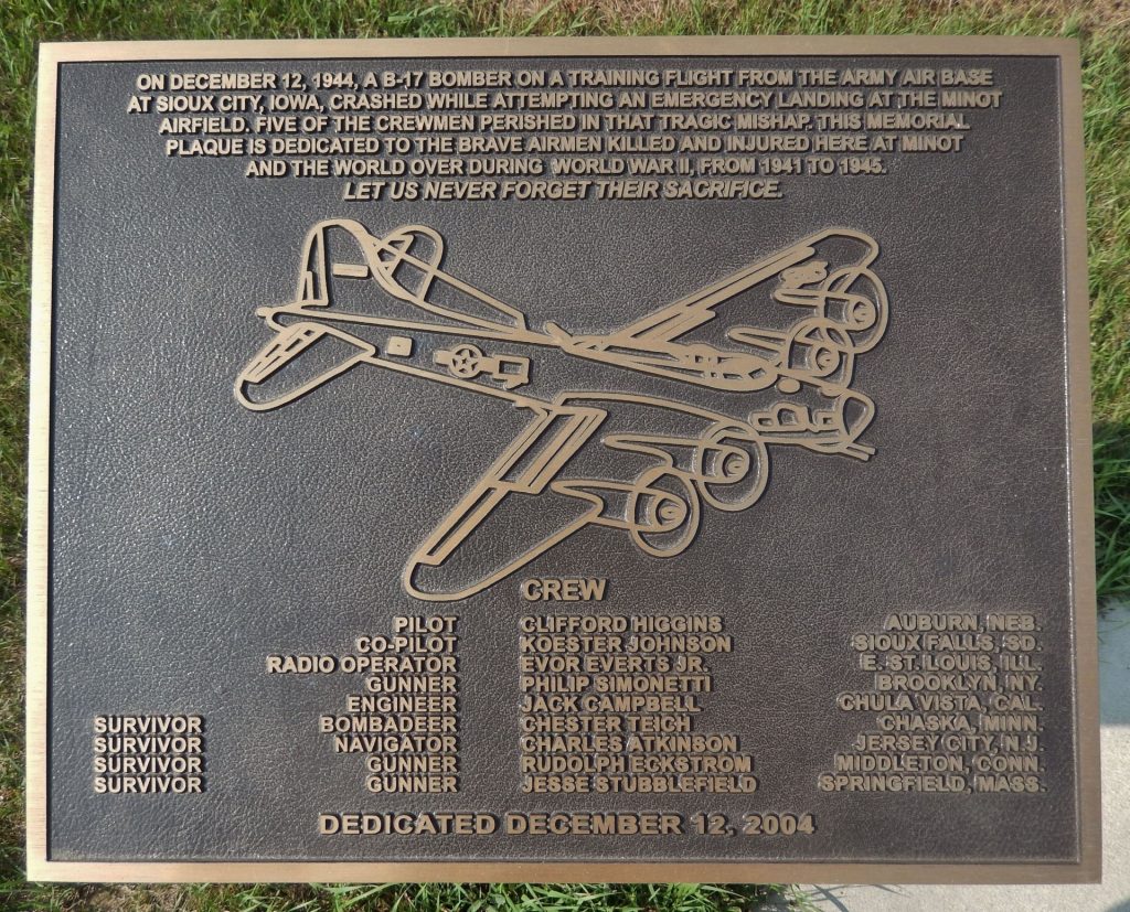 MINOT B-17 BOMBER CRASH MEMORIAL PLAQUE